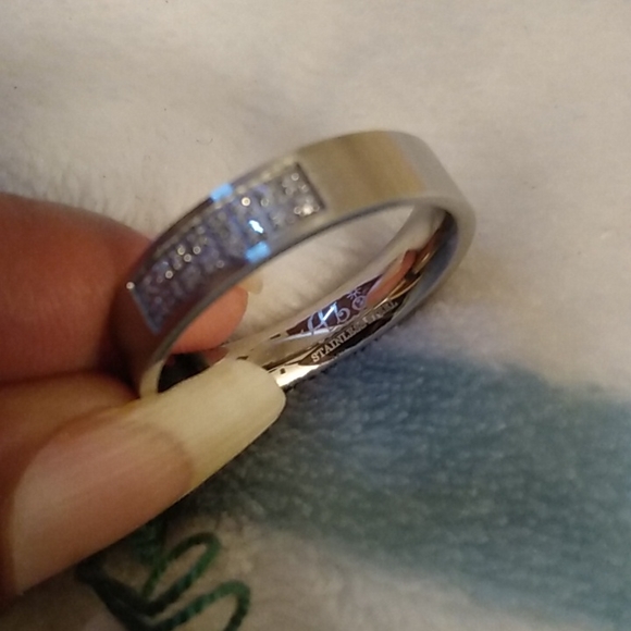 Heavy Duty Stainless Steel CZ Wedding Band - Picture 2 of 2